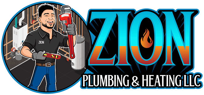 A cartoon plumber holding a large red wrench stands in front of pipes and water heaters. He is wearing a dark shirt with "Zion" on it. The logo reads "Zion Plumbing & Heating LLC" with a flame design within the letter "O" in "Zion.