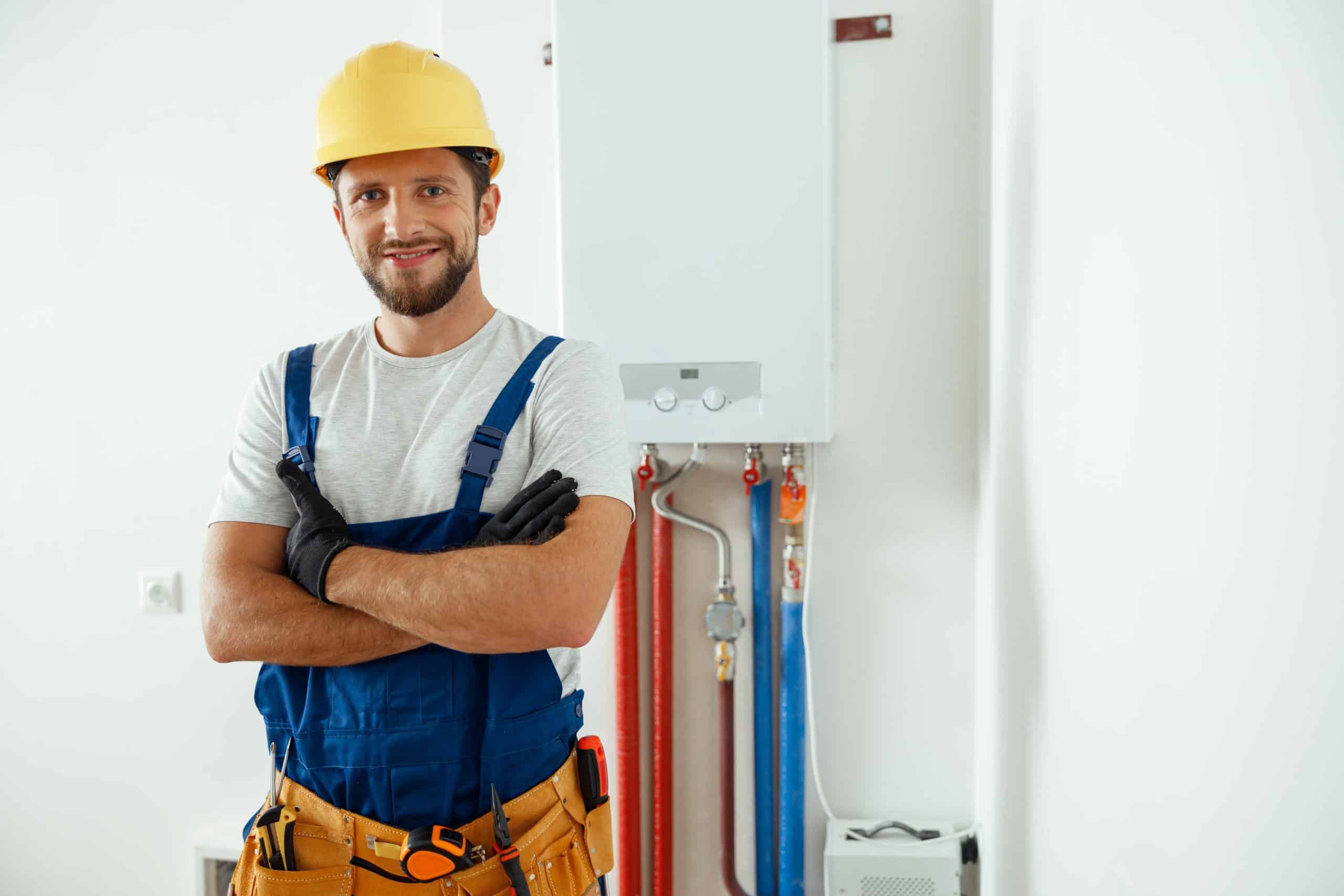 A worker in blue overalls and a yellow hard hat stands confidently with arms crossed. He's in front of a white tankless water heater, with visible red and blue pipes. The background is a plain white wall.