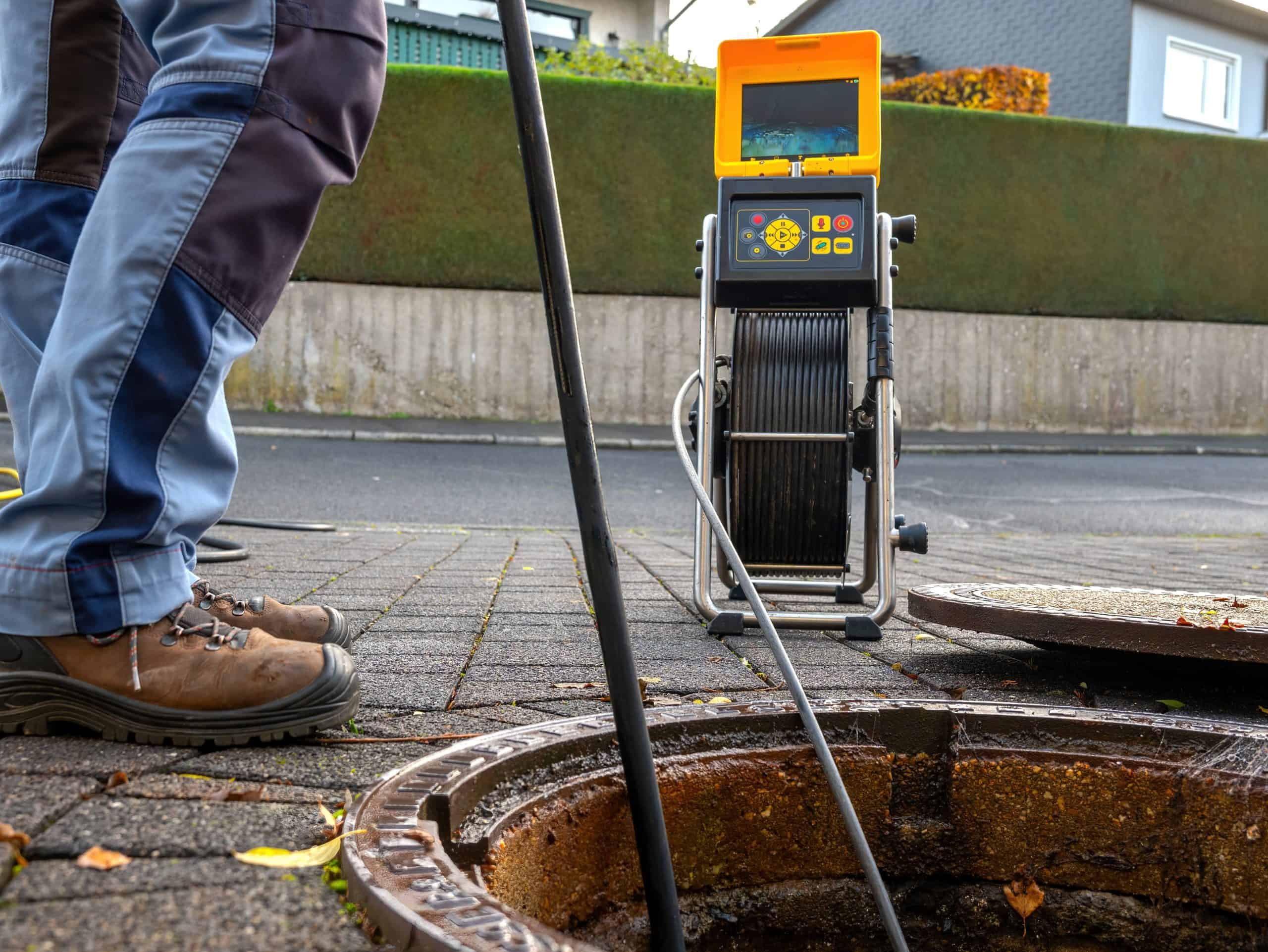 A person wearing work boots and pants stands next to an open manhole on a paved street. A sewer inspection camera with a screen is positioned nearby, capturing footage from inside the manhole. Residential buildings are visible in the background.