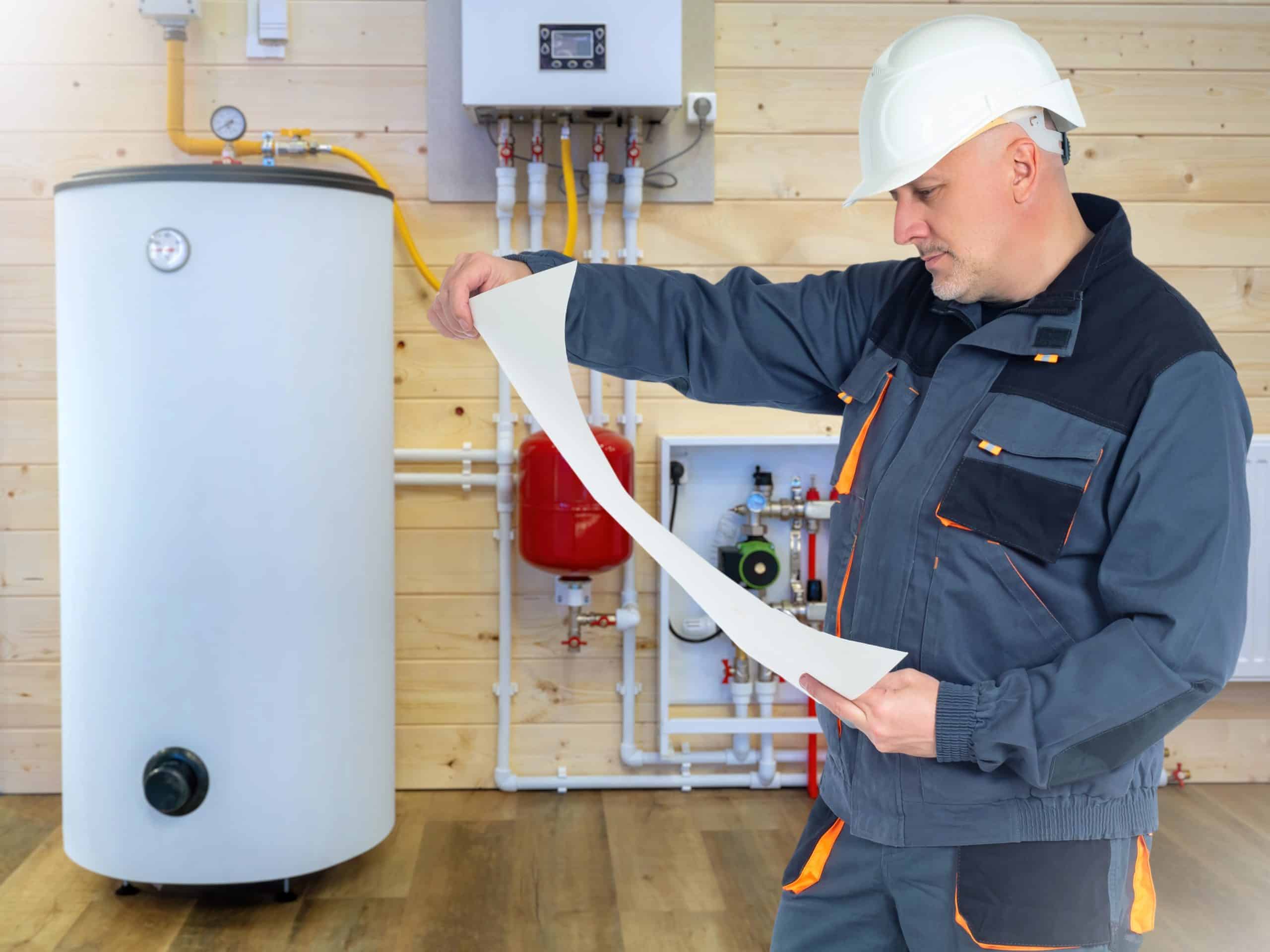 A worker in a hard hat and uniform examines a blueprint in a room with plumbing equipment and a large water heater. Pipes and valves are visible on the wooden wall behind him.