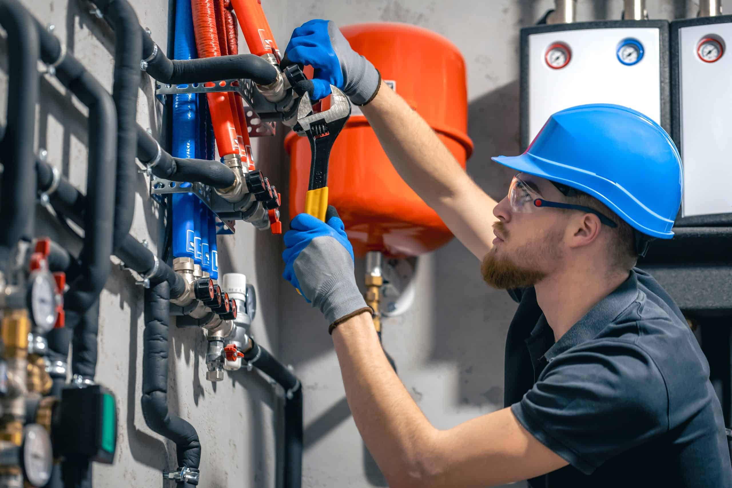 A worker wearing a blue hard hat and safety glasses uses a wrench to fix pipes in an industrial setting. Various red and blue pipes are mounted on the wall, along with gauges and a red tank.