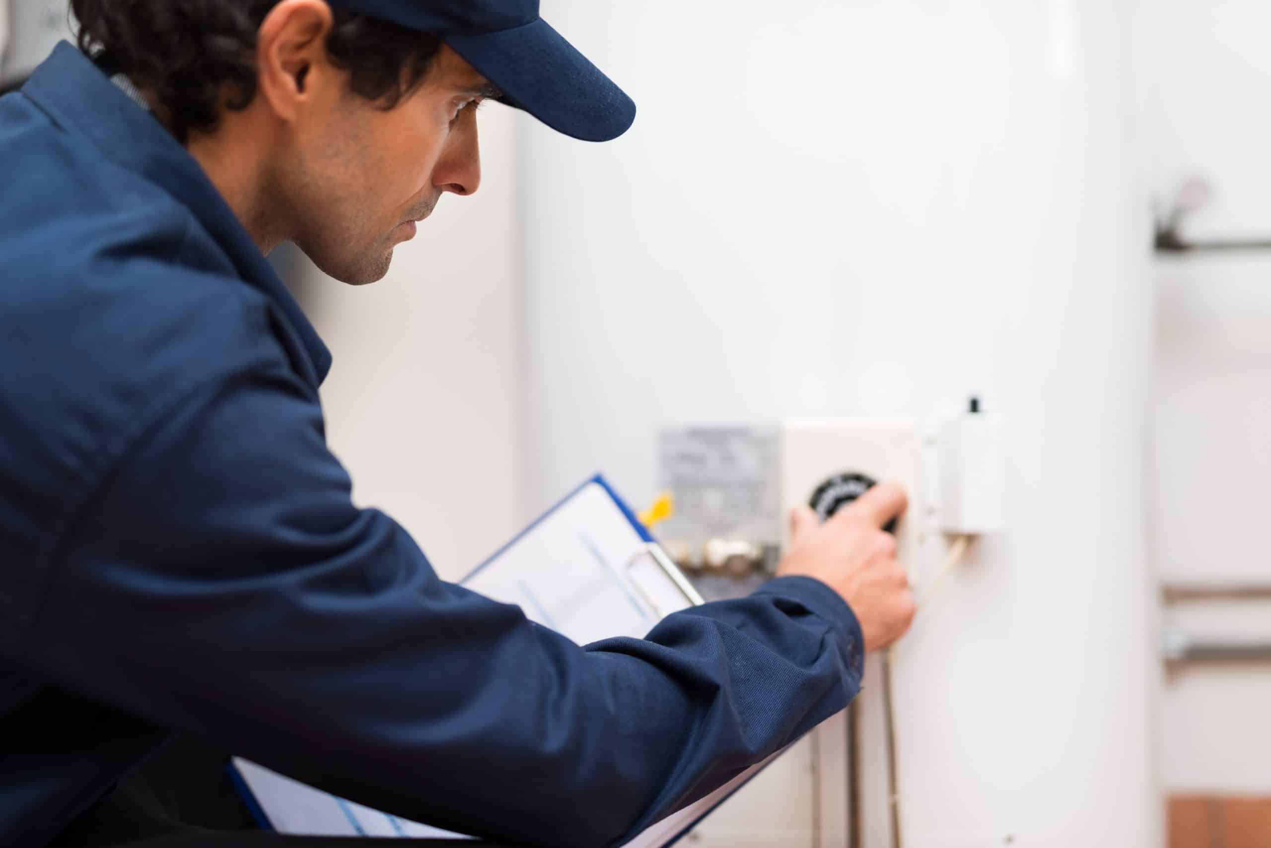 A technician wearing a blue uniform and cap checks a control panel on a water heater. He holds a clipboard with documents, appearing focused on his task. The setting is an indoor utility area.